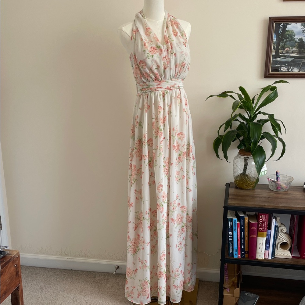 Birdy Grey White and Pink Floral Maxi Dress with Pockets